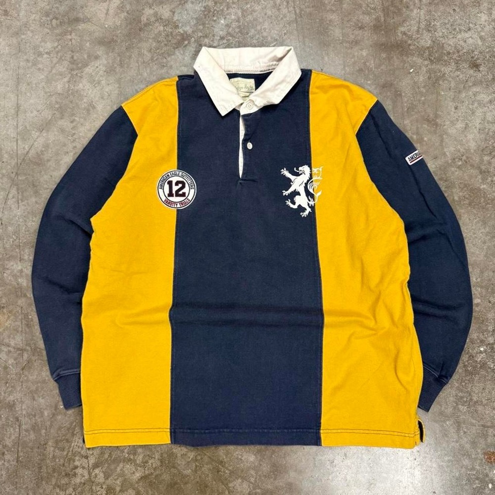 Vintage American Eagle Navy Yellow Striped Rugby Polo Shirt Mens L Y2K Varsity